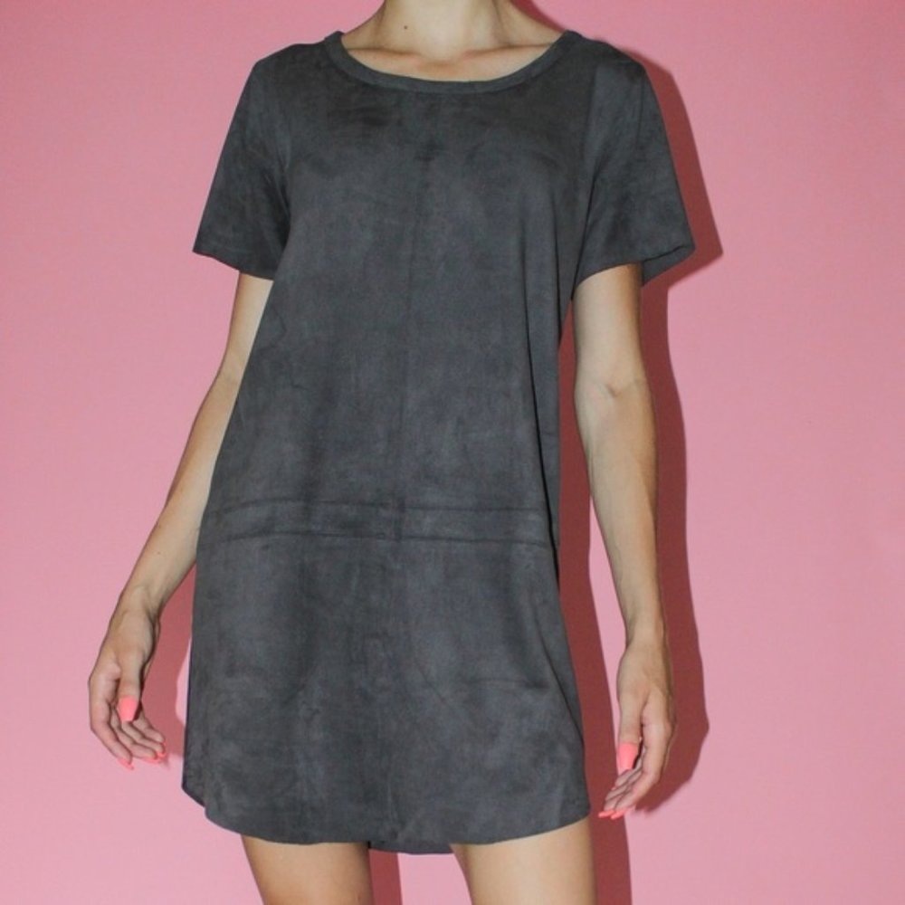 OLIVACEOUS Charcoal Faux Vegan Suede Mini T-Shirt Dress S